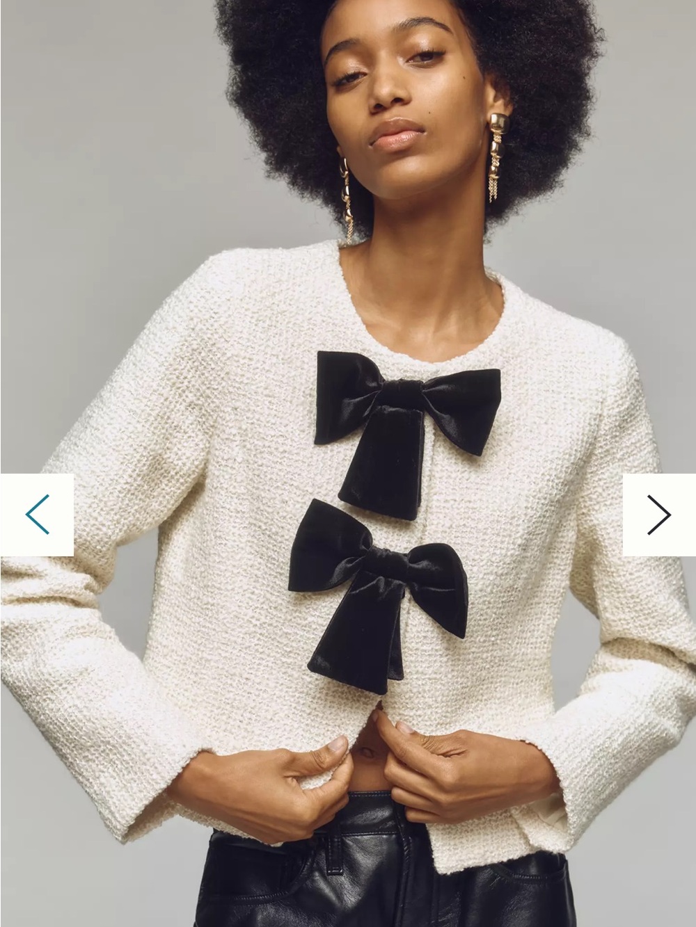 NWT Avec Les Filles Ivory Tweed Bow Jacket Black Velvet Bows